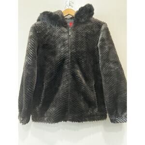 Statement  Brown Chevron Patterned Coat hoodie mob wife black Faux fur Sz-Medium
